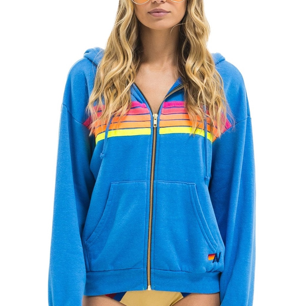 Aviator Nation Cobalt Blue Hoodie with Multicolor Stripes